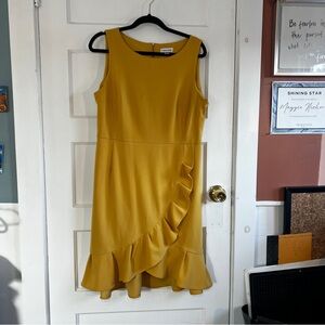 Calvin Klein Ruffled Sheath Dress Mustard Yellow Sz 14